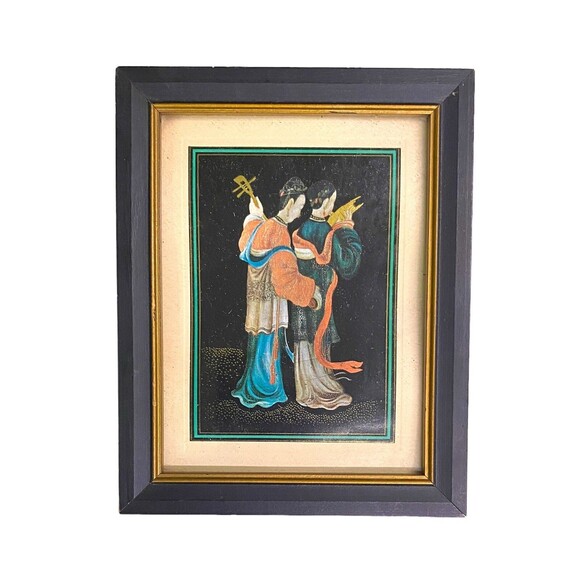 Vintage Chinese Art Print Black Gold Wooden Framed 7” X 5.5” - Picture 2 of 10